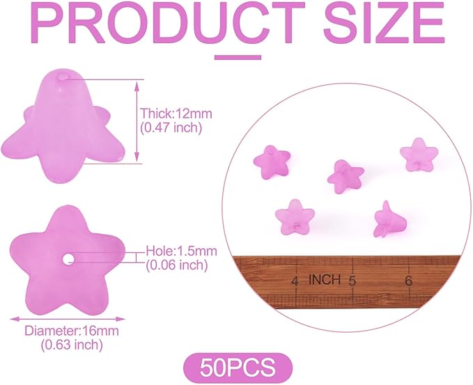 Crafans 50Pcs Frosted Acrylic Flower Beads 17.5x12x1.5mm Transparent Floral Pendants Clear Flower Bead Caps Loose End Spacer Beads for Jewelry Making (Medium Violet Red)