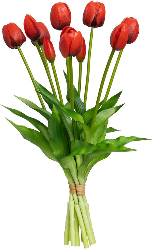 10 Pack Real Touch Tulips Artificial Flowers, 15.7 Inch Bendable Latex Tulips - No Maintenance Faux Flowers for Vase, Home Decor, Wedding Centerpiece (Red)