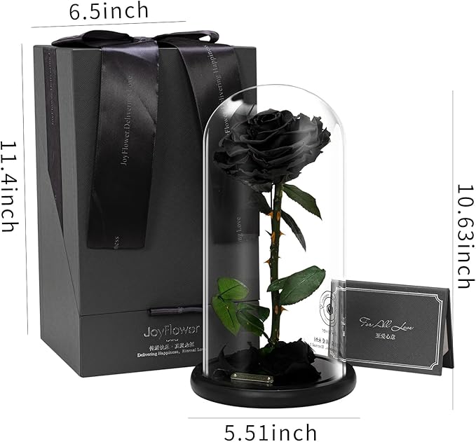 JoyFlower Single Rose Real Rose Flower Gifts for Mom from Daughter Son, Birthday Gifts for Women, Eternal Rose Preserved Flowers for Delivery Prime for Christmas Valentine's Mothers Day(Black)
