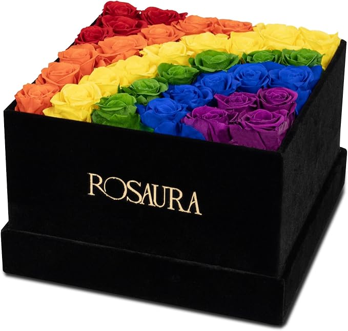 Rosaura 34-Piece Eternal Preserved Roses & Flowers Gift Box - Forever Lasting Real Roses, Preserved Flowers for Christmas, Valentine's Day (34-Rainbow)