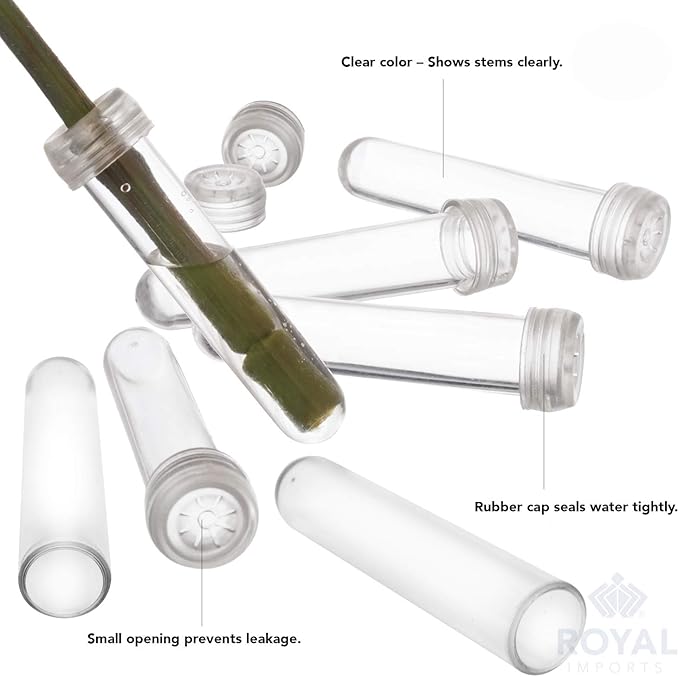Royal Imports Floral Water Tubes with Caps – 3" Clear Plastic Flower Vials for Single Stem Roses, Buds, Bouquets – Standard Style, 1/2" Opening – 100 Pack