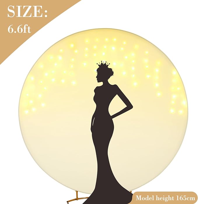 6.6 FT Beige Round Backdrop Cover with Lights String for Circle Arch Stand Circle Backdrop Covers with LED Fairy Lights for Wedding Arch Bridal Baby Shower Birthday Party Photo Photography Background