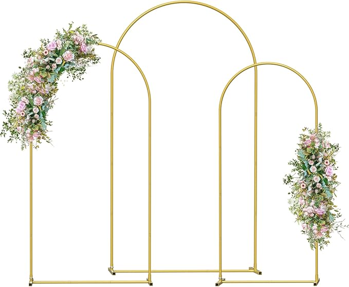 Wedding Arch Backdrop Stand Set of 3(7.3FT/6.6FT/6FT),Metal Balloon Arch for Wedding Ceremony Baby Shower, Outdoor Indoor Birthday Party,Garden Floral Arch Backdrop Stand Decoration, Gold