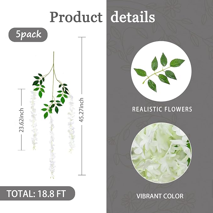 5 Pack White Wisteria Hanging Flowers Garland, 3.77 Feet Artificial Flower Vines, Fake Wisteria, Artificial Vines Hanging Garland for Backdrop Outdoor Yard Garden Decor