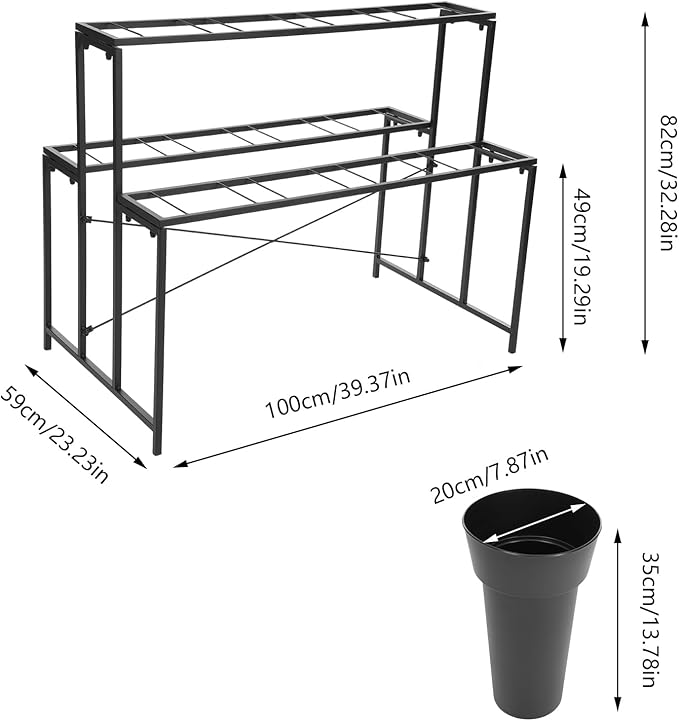 Flower Display Stand with 12 Pcs Buckets 3 Layers Metal Plant Stand Plant Cart Shelf Flower Bucket Rack Stand for Indoor Florist Garden Patio (Black Stand-Black Round Buckets)