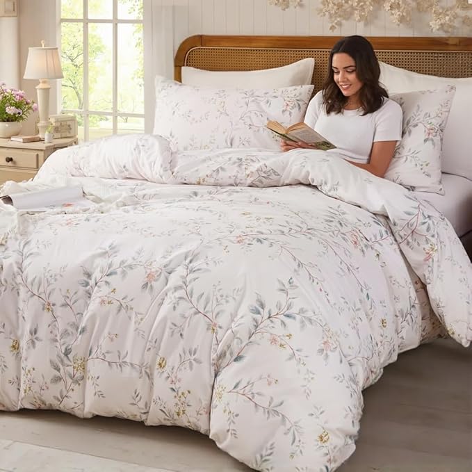 Duvet Cover Set Queen Size 3-PC Chic Garden Floral Ultra Soft 100% Long Staple Cotton Comforter Cover, Reversible Breathable Duvet Cover with Zipper Closure, Lightweight, All Season