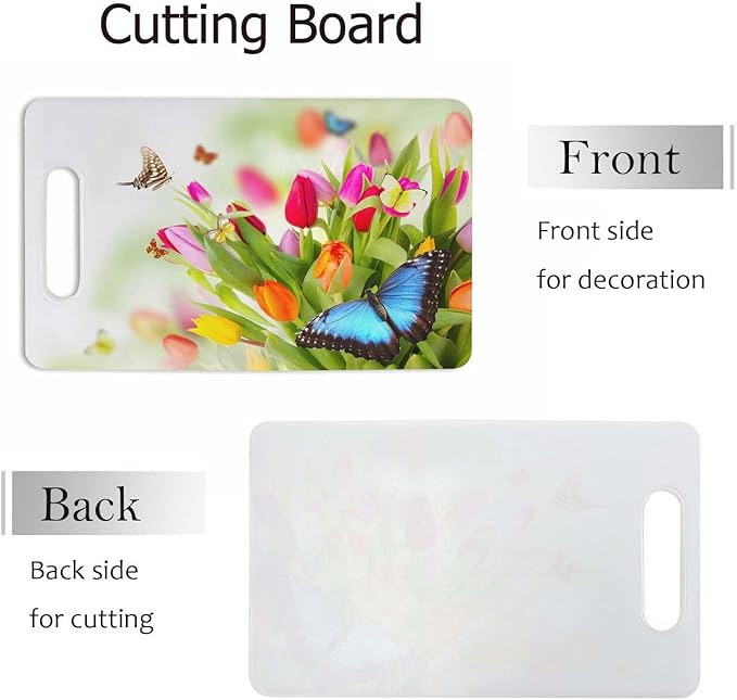 Tulips Bouquet Cutting Board with Handles Beautiful Butterflies Colorful Cutting Boards Plastic Safe Chopping Board for Kitchen 16" x 10" x 0.24"