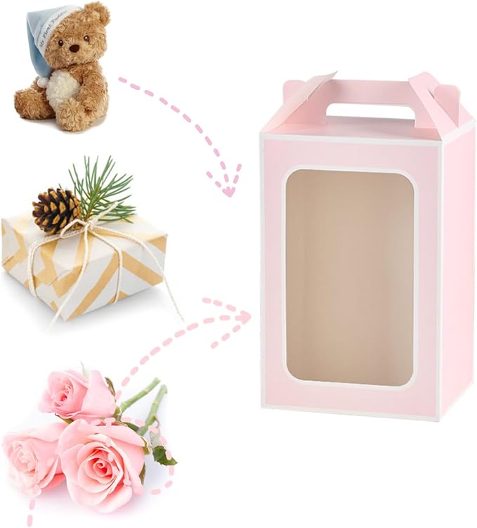 Enorteen 12 Pcs Clear Gift Bags with Transparent Window Gift Boxes Candy Boxes Tote Paper Bags Flower Boxes Bouquet Bags for Bridal Shower Present Festivals Party (Pink)