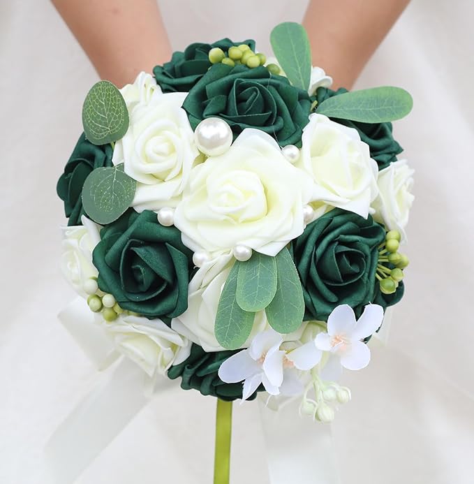 Lightweight Bridal Wedding Bouquet Round Holding Bouquet Throw Toss Artificial Rose Flower Bunch for Bride Bridesmaid Wedding Quinceanera (Cream & Dark Green, 6.7")