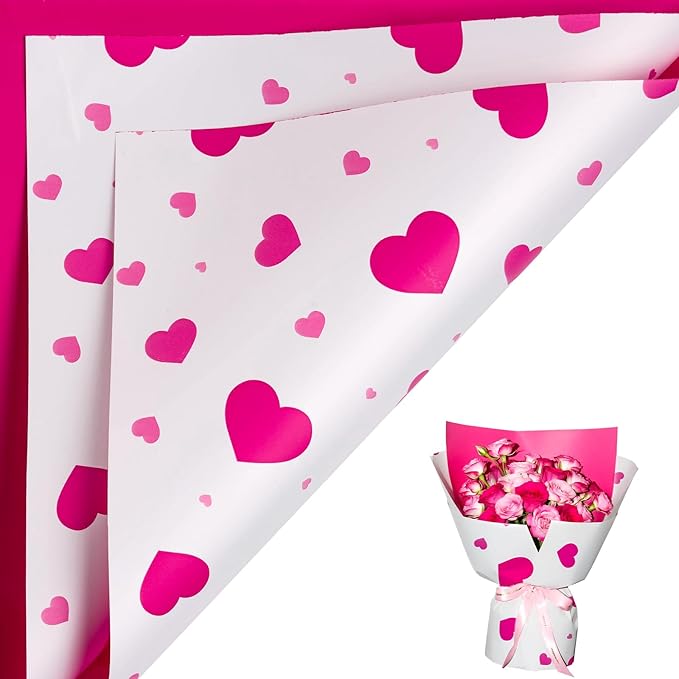 LeZakaa 20 Sheets Flower Wrapping Paper, Hot Pink Heart Design Waterproof Floral Bouquet Paper for Valentine's Day, Wedding, Anniversary Romantic Gift Packaging