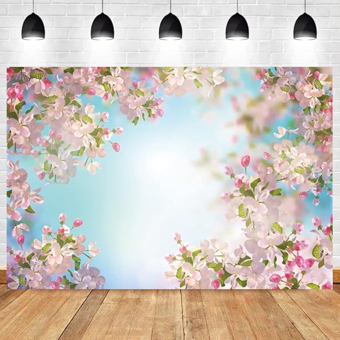 Renaiss 10x8ft Pink Floral Backdrop Romantic Cherry Blossom Blue Sky Sunshine Nature Scenery Polyester Photography Background for Wedding Kids Baby Birthday Party Decor Photo Props