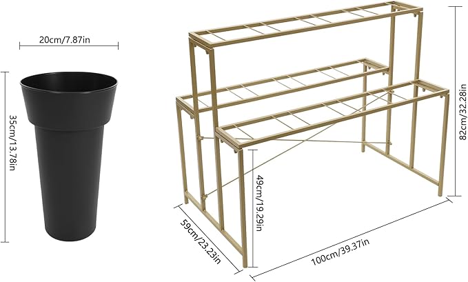 Flower Display Stand with 12 Pcs Buckets 3 Layers Metal Plant Stand Plant Cart Shelf Flower Bucket Rack Stand for Indoor Florist Garden Patio (Gold Stand-Black Round Buckets)