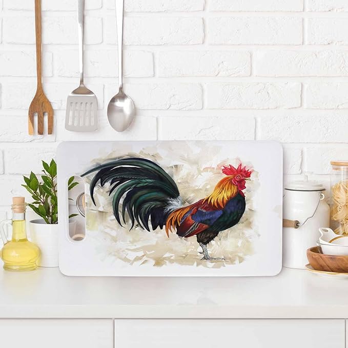 Rooster Cutting Board Farm Animal Standing Watercolor Grip Handle Chopping Boards Cutting Board for Kitchen Plastic 16" x 10" x 0.24"