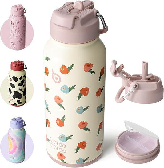 BOTTLE BOTTLE 32oz Insulated Water Bottle Stainless Steel Sport Water Bottle with Straw Dual-use Lid Design for Gym with Pill Box