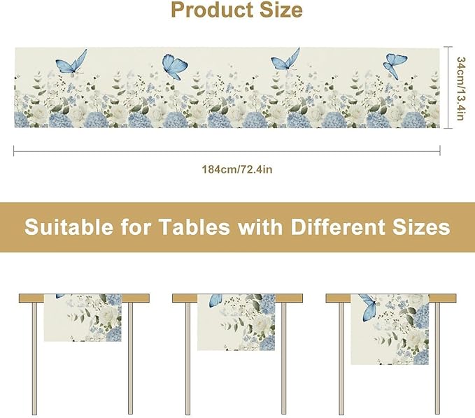 Floral Table Runner, Blue White Flower Butterfly Garden Spring Nature Decoration Table Runner for Kitchen Dining Home Party, 13x108 Inch