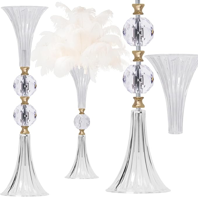 VIJIV Crystal Acrylic Trumpet Vase for Wedding Centerpieces & Home Decor - 21.7" Clear Flower Stand with Ribbed Texture, Gold Accents, Table/Floor Vase for Events, Bridal Showers & Boho Weddings