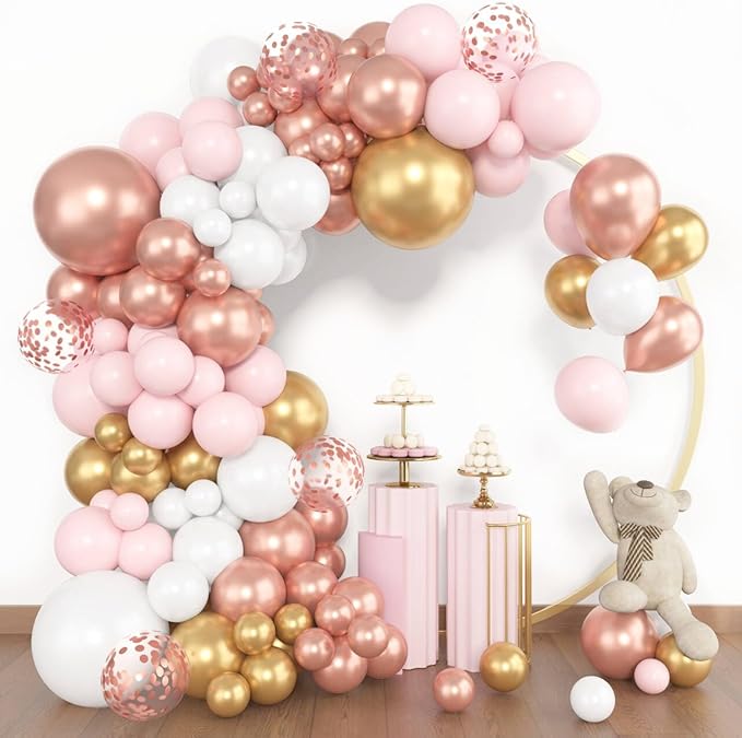 Amandir 153pcs Rose Gold Balloon Garland Arch Kit, Different Sizes 18 12 10 5 inch Pink White Gold Latex Metallic Confetti Balloons for Girls Graduation Birthday Bridal Baby Shower Party Decorations