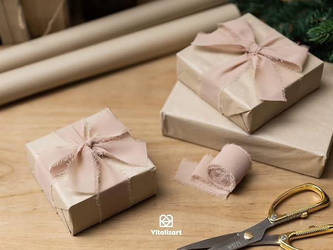Vitalizart Nude Handmade Chiffon Silk Ribbon Fringe 3 Rolls 1.5" x 21 Yd Brown Frayed Edges Ribbons for Wedding Invitations Bridal Bouquets Gifts Wrapping Crafts Holiday Decor