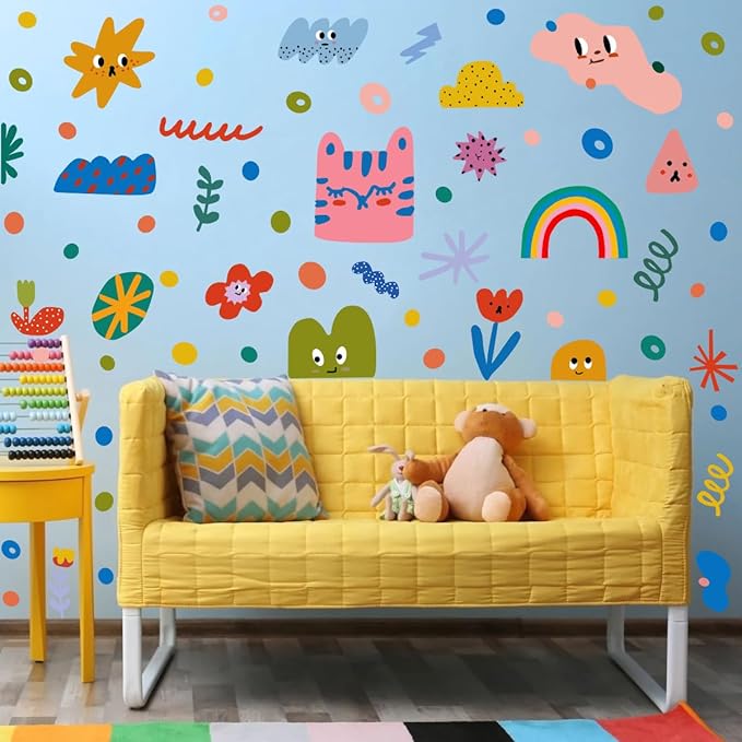 Colorful Abstract Shape Wall Stickers, Lovely Smile Clouds Rainbow Irregular Dots Vinyl Wall Decals, Removable Geometry Shape DIY Wall Art for Classroom Kindergarten Playroom Decor