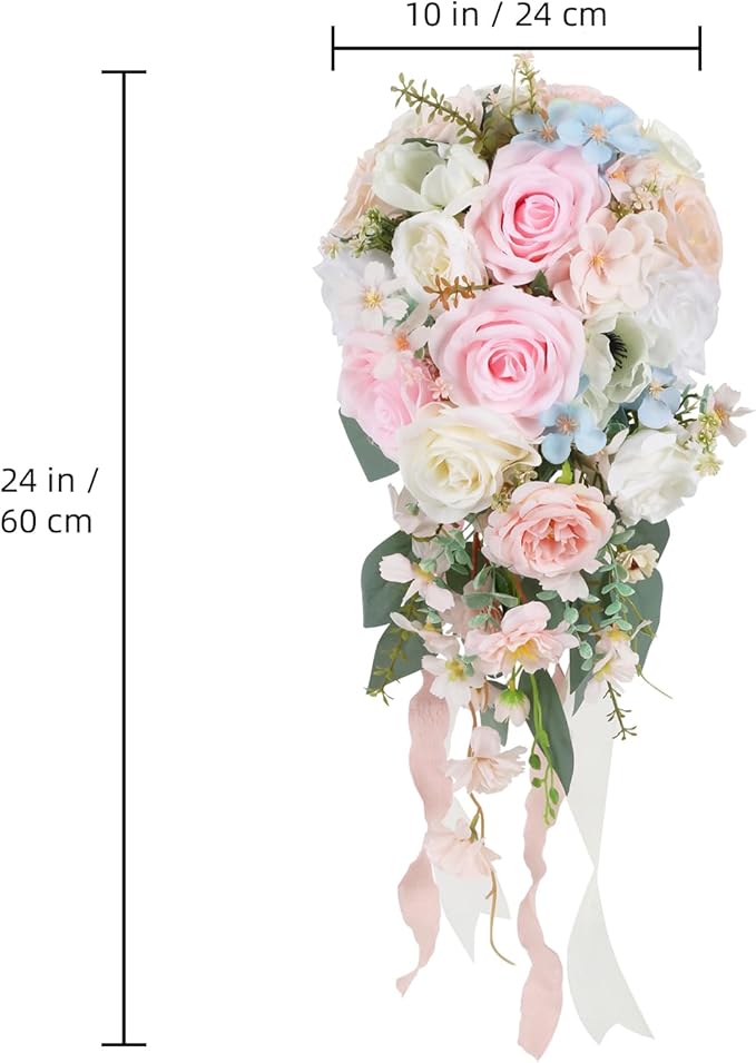 Blush Pink Wedding Bouquets for Bride,10 Inch Fake Cascading Bridal Bouquet Silk Faux Flowers for Ceremony Anniversary Wedding Bridal Shower(Light Pink)