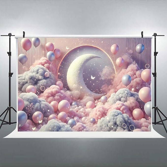 Dreamy Moon and Balloons Backdrop Pink Dreamy Balloon Moon Baby Birthday Decoration Kids Portrait Photo Backdrop Newborn Baby Photography Background (7x5feet)