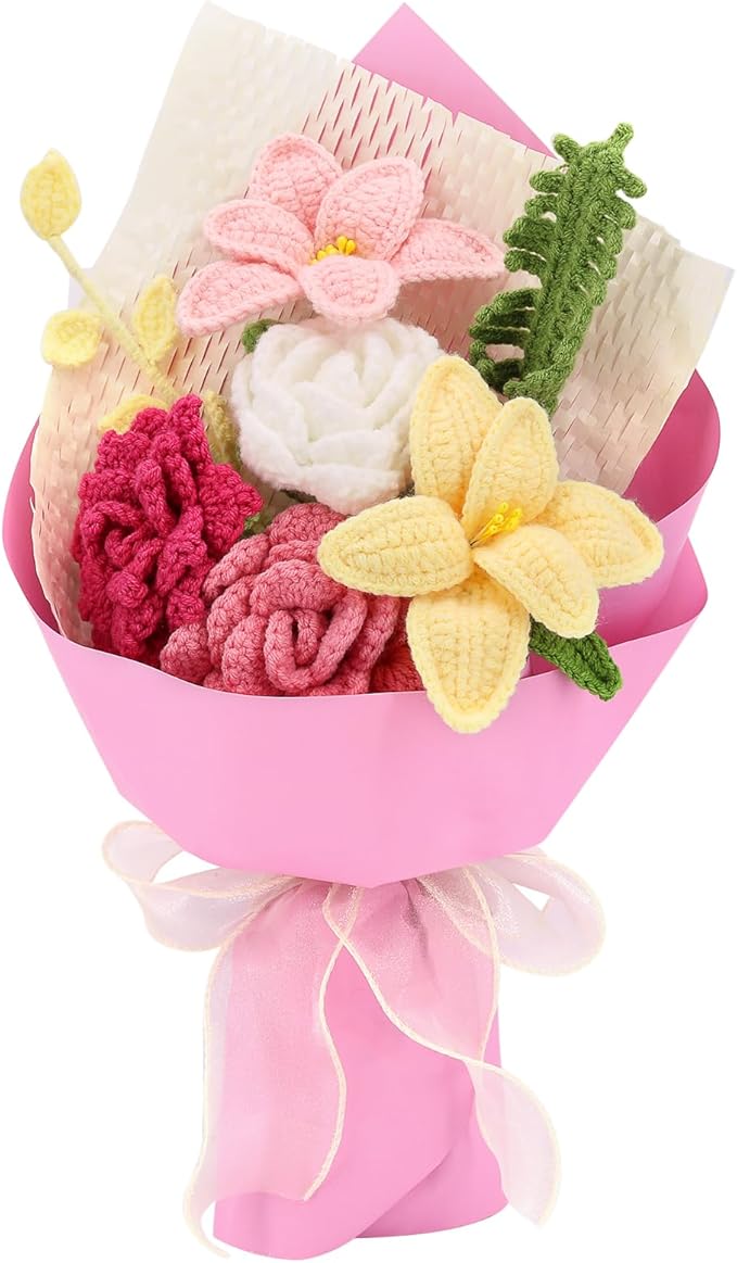 Crochet Flowers Finished Bouquet Crocheted Cotton Thread Flowers, Handmade Crochet Rose Tulip Fern Leaf as a Gift for Lover, Friends. Artificial Flower (Pink)