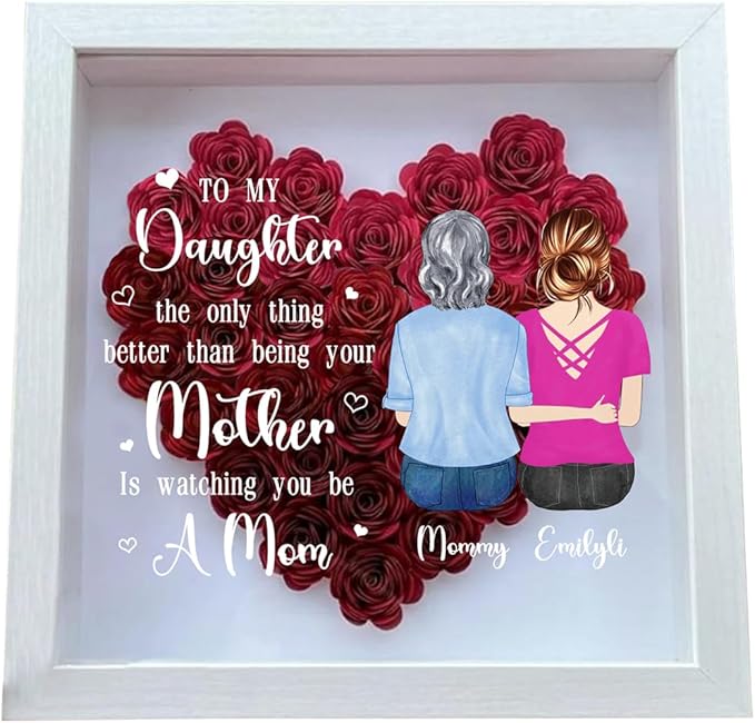 Personalized Mom Flower Shadow Box Custom Heart Shaped Rose Flower Shadow Box Frame with Family Portrait To My Daughter Mother's Day Shadowbox Memory Gifts for Mom from Daughter Birthday