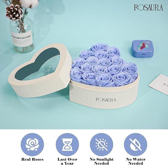 Rosaura Heart-Shaped Preserved Roses Gift Box - Real Forever Flowers for Birthday, Valentine's & Mother's Day (Sky Blue, 16 roses)