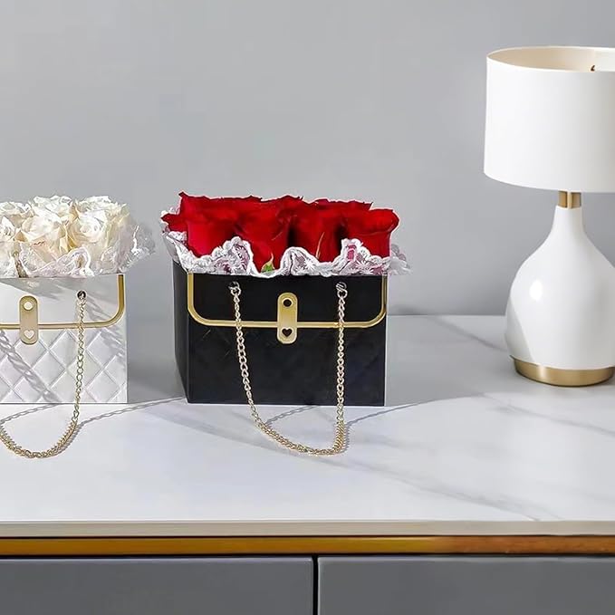 Jemattely Flower Paper Gift Box,Waterproof Bouquet Storage Bucket Florist Handbag with Metal Chain Flower Boxes for Wedding Mother's Day Birthday Bridal Etc Shower Gift Wrap Craft-Black 4 Pcs