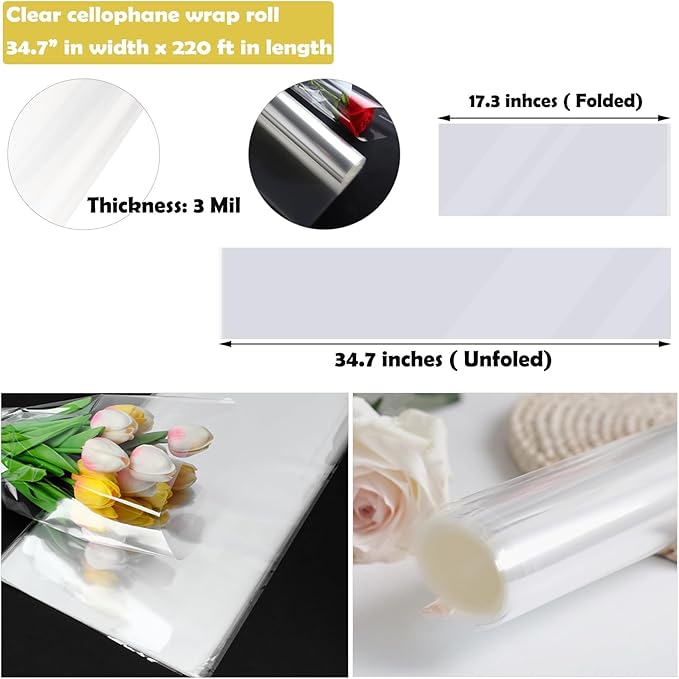 2 Rolls of 35" Wide x 220 Ft Clear Cellophane Wrap Roll, 3 Mil Thick Plastic Transparent Cello Wrapping Paper for Gift Baskets, Flower Bouquets, Large Cellophane Sheets for Gifts, Teats, Arts & Crafts, 5280 Inches Long