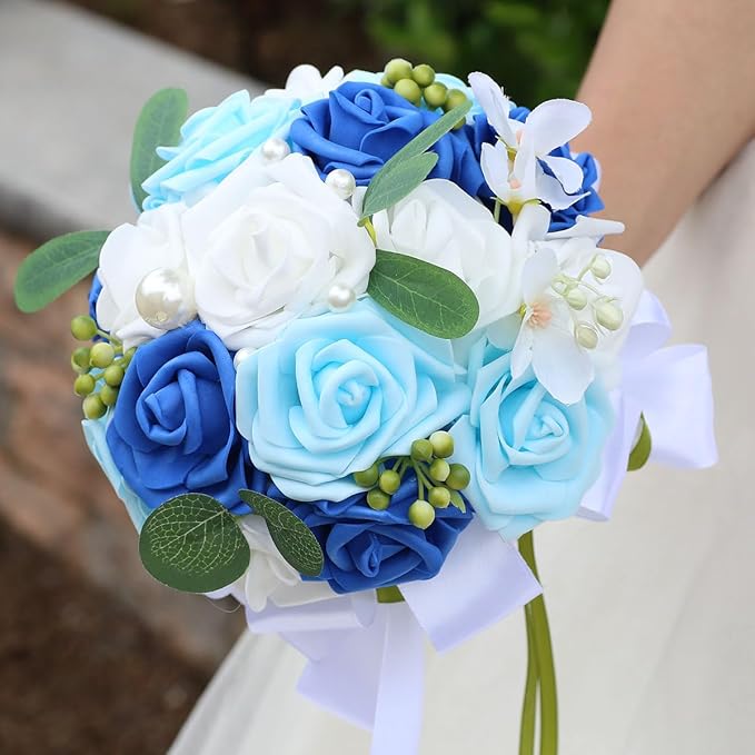 Lightweight Bridal Wedding Bouquet Round Holding Bouquet Throw Toss Artificial Rose Flower Bunch for Bride Bridesmaid Wedding Quinceanera (White, Royal Blue & Light Blue, 6.7")