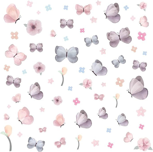 Watercolor Butterfly and Flower Wall Decals Peel and Stick - 70 PCS Flower Butterfly Wall Decor for Girls Room, Nursery, Kids Bedroom, Home Art Decals