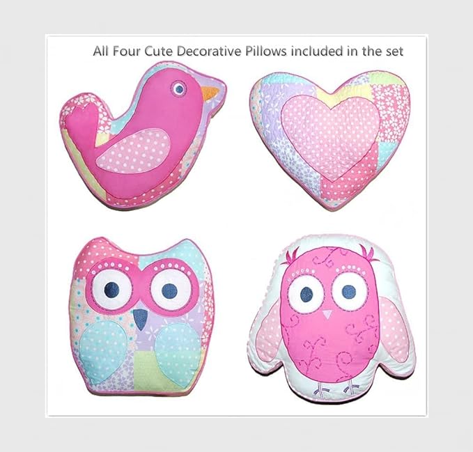 Cozy Line Home Fashions Queen - 7 Piece Cute Owl Pink Blue Green Embroidery 100% Cotton Reversible Girl Bedding Quilt Set, Coverlet, Bedspreads (1 Quilt + 2 Shams + 4 Decorative Pillows)