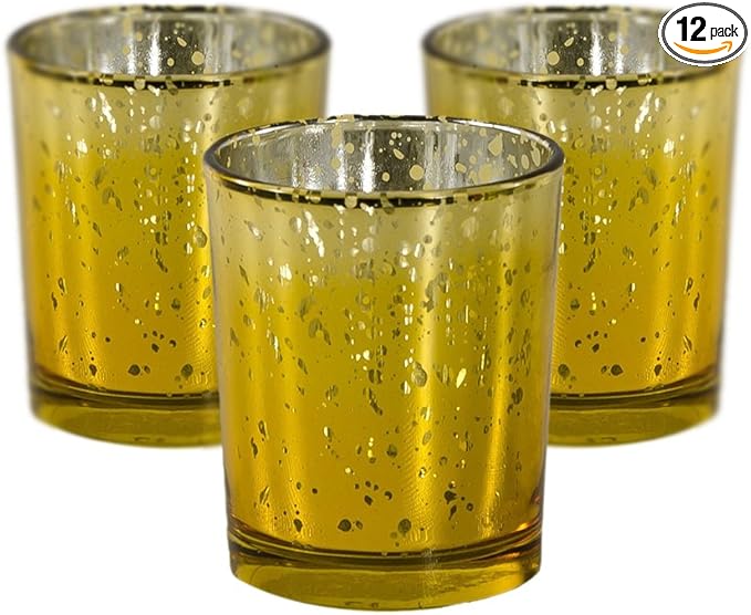 Mister Candle Unscented Gold Mercury Glass Votive Candles, 2" Filled Candle Jars for Centerpieces, Wedding Décor, Events, Home & Party Ambiance, Set of 12 Hand Made in USA