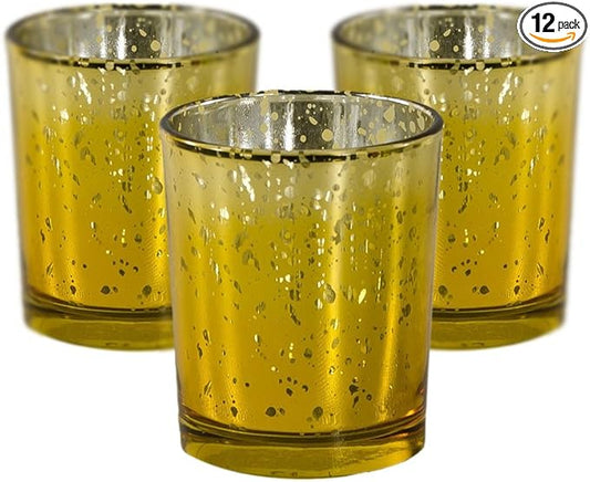 Mister Candle Unscented Gold Mercury Glass Votive Candles, 2" Filled Candle Jars for Centerpieces, Wedding Décor, Events, Home & Party Ambiance, Set of 12 Hand Made in USA