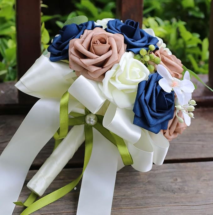 Lightweight Bridal Wedding Bouquet Round Holding Bouquet Throw Toss Artificial Rose Flower Bunch for Bride Bridesmaid Wedding Quinceanera (Cream, Navy & Rosy Brown, 7.9")