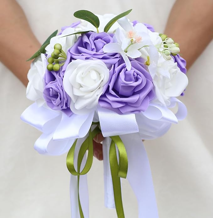 Lightweight Bridal Wedding Bouquet Round Holding Bouquet Throw Toss Artificial Rose Flower Bunch for Bride Bridesmaid Wedding Quinceanera (White & Mid Purple, 6.7")