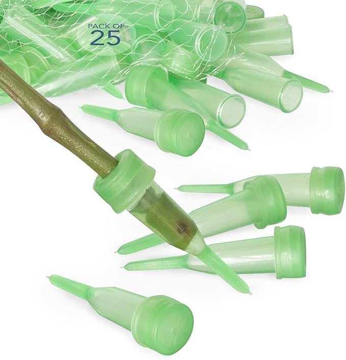 Royal Imports Floral Water Tubes with Caps – 2.5" Green Plastic Flower Vials for Single Stem Roses, Buds, Bouquets – Pointed Style, 1/2" Opening – 25 Pack