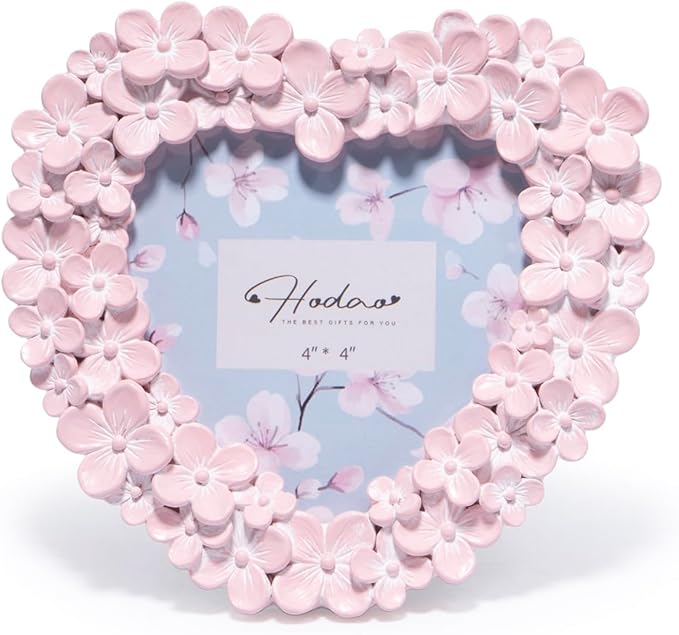 Hodao 4x4 Inch 3D Floral Heart Shaped Frame - Hand-Crafted Resin Picture Frame with White & Gold Accents for Wedding, Valentine’s Day & Romantic Home Decor (Pink-Heart)