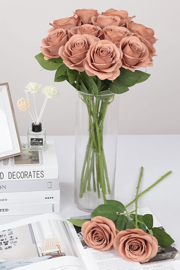 12pcs Roses Artificial Flowers Dusty Rose Fake Flowers with Long Stems Silk Flowers for Wedding Bouquet Centerpices Decorations Party Bridal Baby Shower Home Decor