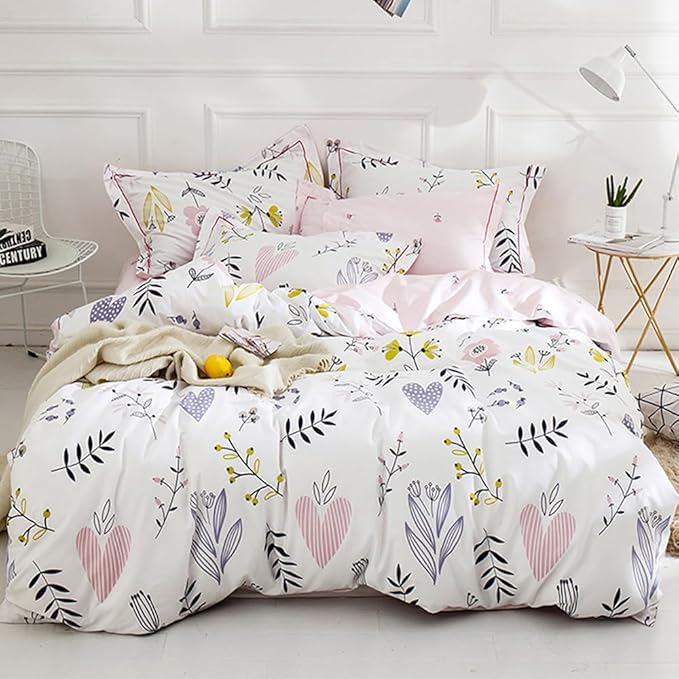 HighBuy Girls Duvet Cover Full Size Bedding Sets Floral Aesthetic Coquette Bedding Set White Pink Premium Cotton Teens Flower Bedding Sets Kids Comforter Cover Soft Branches Full Pink