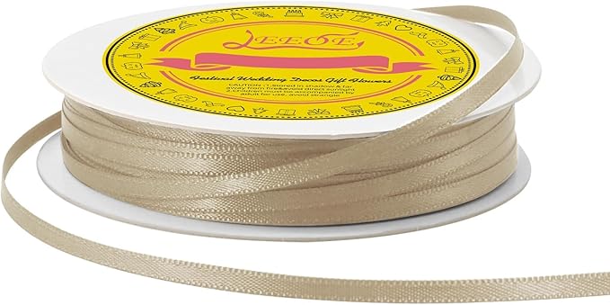 Double Face Tan Satin Thin Ribbon 1/8 inch X 50 Yards Polyester Tan Ribbon for Gift Wrapping Very Suitable for Weddings Party Hair Bow Invitation Decorations and More
