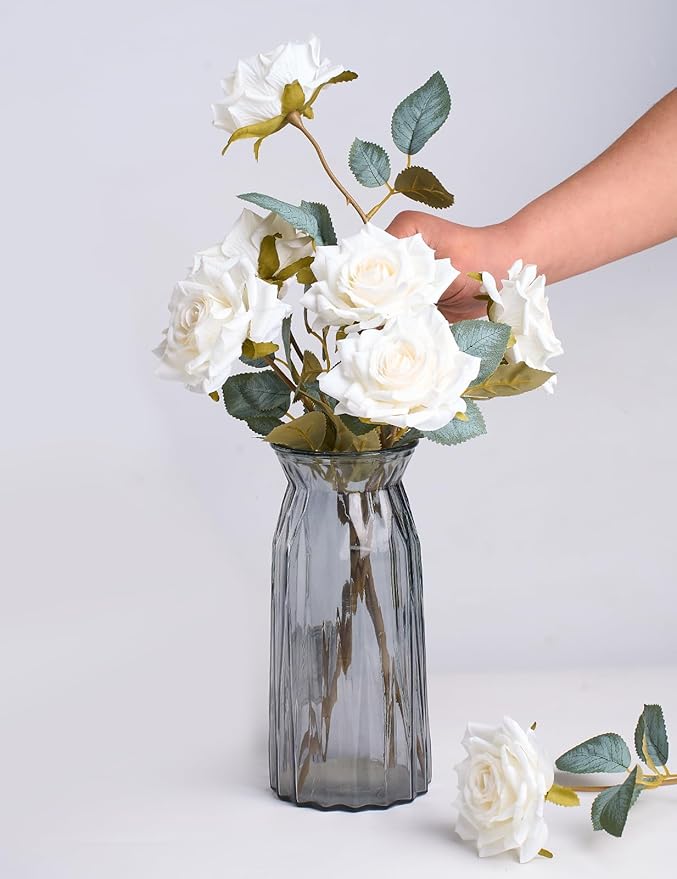 3.1"(8cm) Manta Rose Artificial Flower 7pcs Realistic Faux Silk Roses Fake Flowers Bouquets Arrangements Decor for Wedding Spring Mother's Day, Home Table Decorations, White Flower