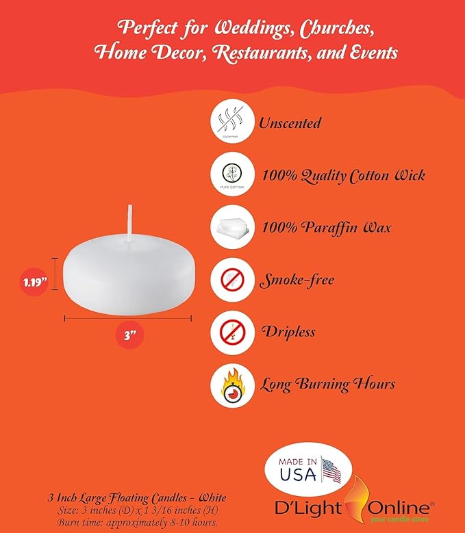 D'light Online Large White Floating Candles 3 Inch Wax Discs for Events, Weddings, Spa, Home Decor, Special Occasions, Cylinder Vases, Centerpieces, Pool and Holidays (Large - 3" (Set of 6), White)