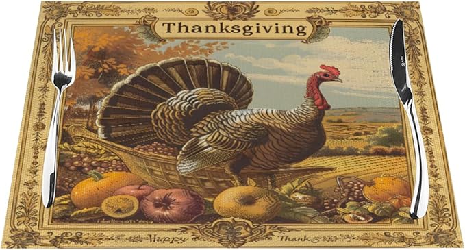 PVC Placemats Set of 4 Wipeable Table Mats Washable Heat Resistant Non Slip Vinyl Dining Table Mat for Kitchen Indoor Outdoor Patio Farmhouse Place Mats Retro Turkey Thanksgiving Decorative