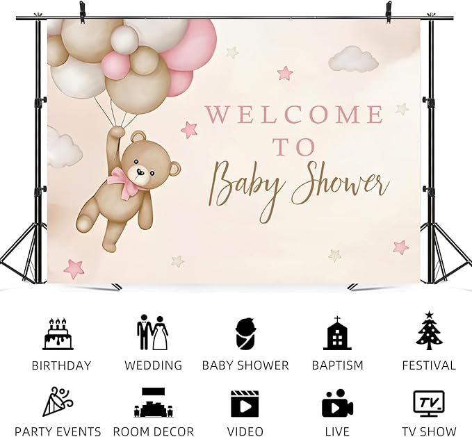 15x10ft Bear Baby Shower Backdrop Brown Pink Hot Air Balloon Photography Background Sky Cloud Star Welcome to Baby Shower Decorations Pregnancy Announcement Portrait Photo Booth Prop