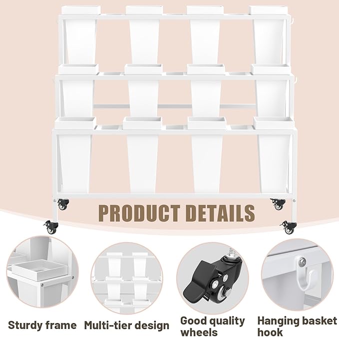 White Metal Flower Cart with Wheels – 3-Tier Flower Display Stand with 12 Removable Buckets & Hooks – Ideal for Wedding, Home, and Storefront Use