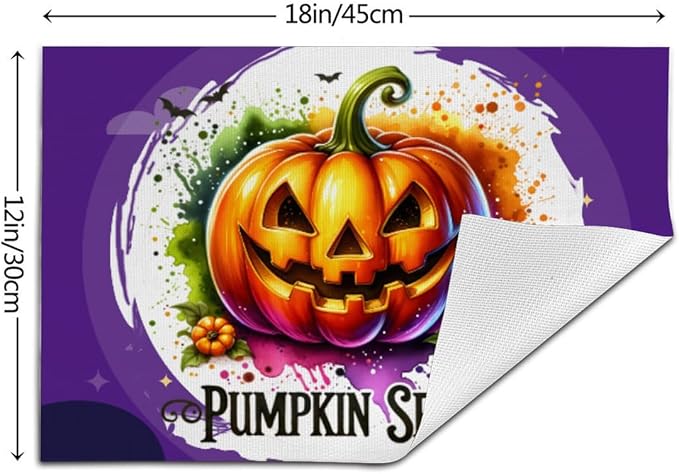 PVC Placemats Set of 4 Wipeable Table Mats Washable Heat Resistant Non Slip Vinyl Dining Table Mat for Kitchen Indoor Outdoor Patio Farmhouse Place Mats Funny Purple Halloween Pumpkin Decorative