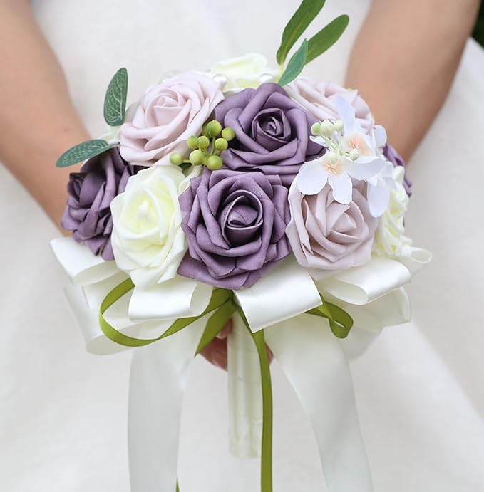 Lightweight Bridal Wedding Bouquet Round Holding Bouquet Throw Toss Artificial Rose Flower Bunch for Bride Bridesmaid Wedding Quinceanera (Cream, Deep Taro & Light Taro, 7.9")