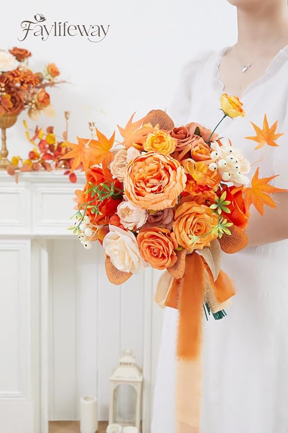 Artificial Flowers Fall, Orange Faux Flowers with Stems Silk Mix Peony Combo Box Set for DIY Bridal Wedding Bouquets Table Centerpieces Baby Shower Party Home Decorations